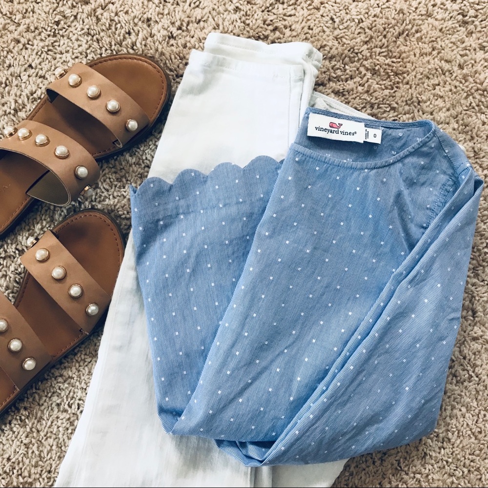 Vineyard Vines blue and white polka dot blouse